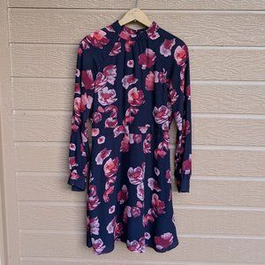 Banana Republic Navy & Burgundy Floral Mock Neck Fit and Flare Mini Dress Sz 6